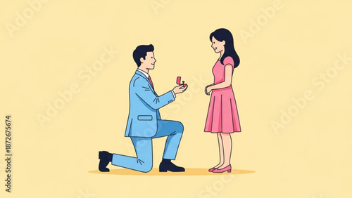 Man proposing marriage to woman with engagement ring romantic proposal scene illustration for love and relationship concepts