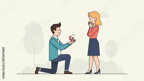 Man proposing marriage to woman with engagement ring romantic proposal scene flat vector illustration for wedding or relationship concepts