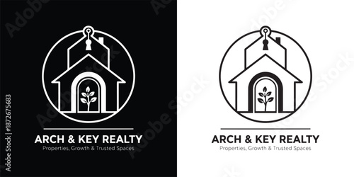 Arch and Key Realty Logo with House Silhouette and Growing Plant Symbol
