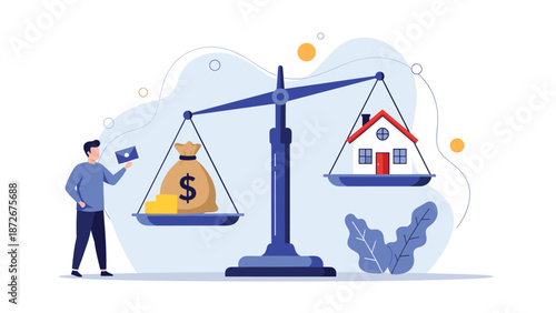 Man holds an envelope while looking at a balance scale holding a bag of money and a house model representing real estate affordability.