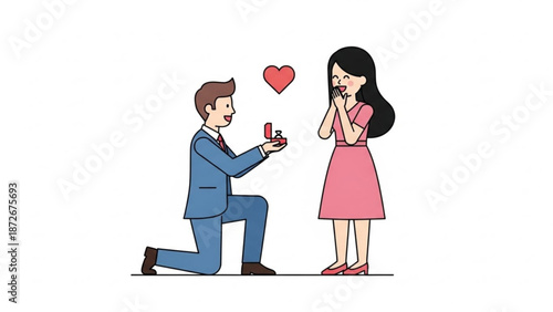 Man proposing marriage with a ring box to a surprised woman romantic proposal scene illustration for love and relationship concepts isolated on white