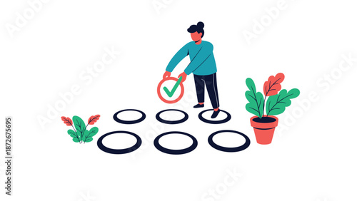 Person in a blue sweater places a large green checkmark icon into a designated circle on the ground to represent choice and task completion.