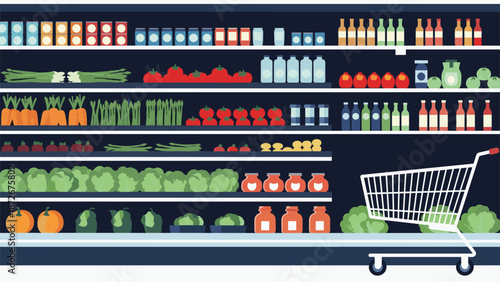Supermarket shelves are filled with colorful rows of grocery items and fresh produce with an empty shopping cart ready for a customer.