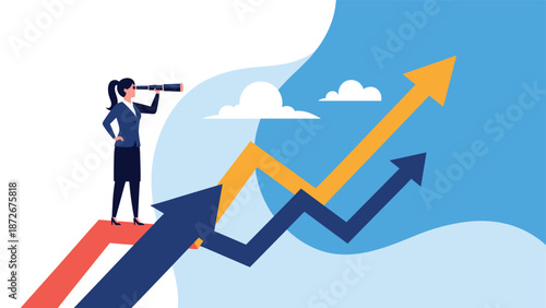 Businesswoman uses a telescope while standing on a rising arrow to view colorful growth charts in the sky representing long-term vision.