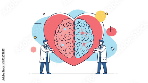 Doctors examining connection between human heart and brain through clinical research and medical healthcare analysis.