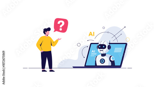 User asking questions to artificial intelligence robot assistant on laptop screen for automated technical support and information.