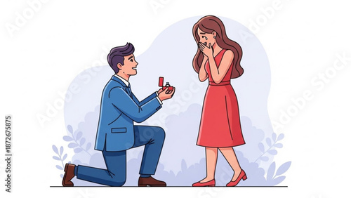 Man proposing marriage to surprised woman with engagement ring romantic proposal scene illustration for love and relationship concepts