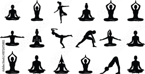 Collection of diverse black silhouette icons illustrating various yoga poses and mindful stretching exercises against a clean white background perfect for wellness themes