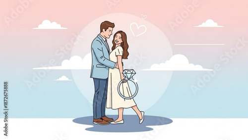 Couple embracing with engagement ring romantic illustration for wedding invitations and love concepts soft pastel background