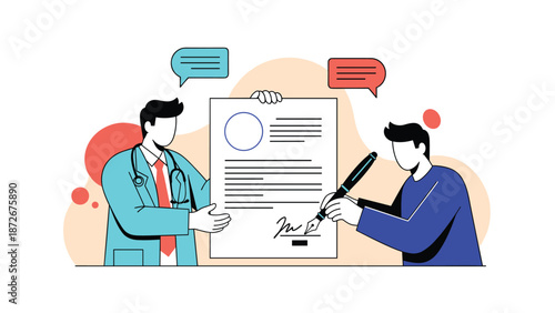 Medical professional presenting insurance document or treatment contract for patient signature during professional clinical consultation.