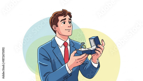 Man in suit holding an open ring box with engagement ring proposing or celebrating a special moment illustration for wedding or anniversary concepts