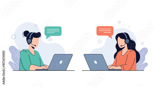 Female customer service operators wearing headsets and using laptops to provide professional technical support and client assistance.