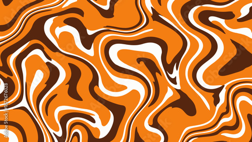 Vibrant abstract pattern with swirling orange and brown shapes.