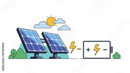 Solar panel array collecting sunlight to charge large battery for sustainable renewable energy storage and green technology solutions.