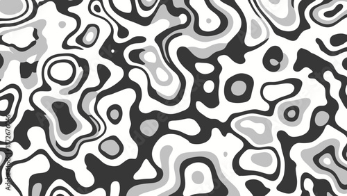 Abstract black and white pattern with wavy shapes and circles.