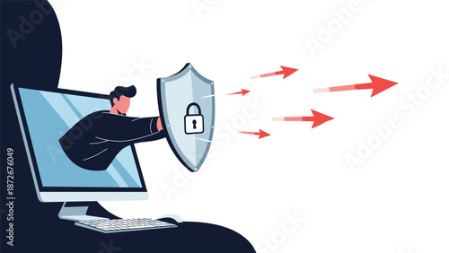 Person emerging from computer screen holding protective shield with lock icon to block incoming cyber threats and digital attacks.