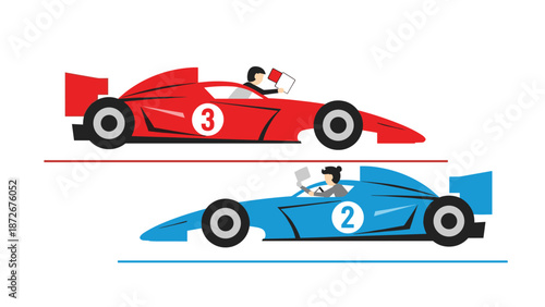 Red and blue formula race cars competing on track representing speed, high performance, and competitive sports achievements.