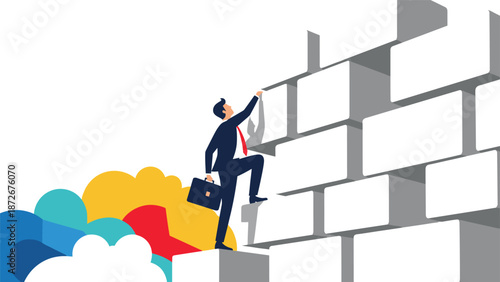 Determined businessman climbing wall of rising white blocks representing career advancement, ambition, and overcoming professional challenges.
