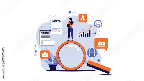 Professional researcher standing on large magnifying glass surrounded by news documents and data icons for information analysis.
