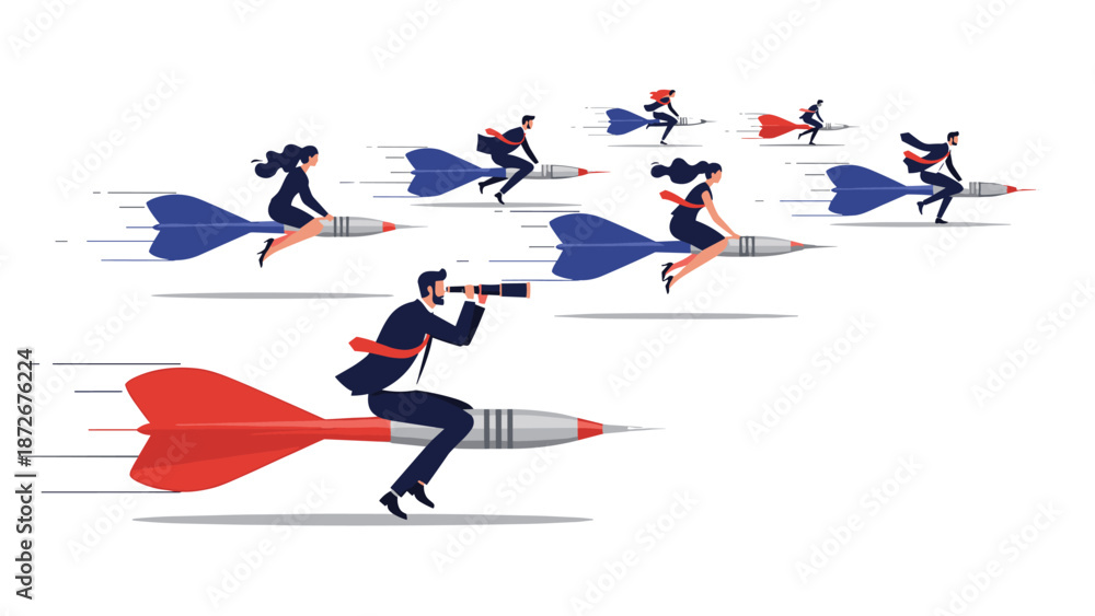Fototapeta premium Team of business professionals riding giant darts towards target goals representing high speed strategy and successful market reach.