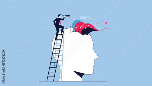 Professional climbing ladder to look inside human head profile containing graphs and data arrows representing strategic mindset and ideas.