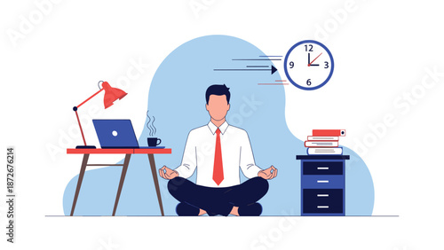 Businessman meditating in lotus position at office desk to manage work stress and maintain mental wellness during busy schedule.