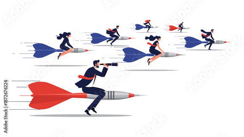 Team of business professionals riding giant darts towards target goals representing high speed strategy and successful market reach.