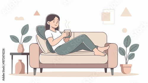 Woman Relaxing on Sofa with Coffee and Plants.