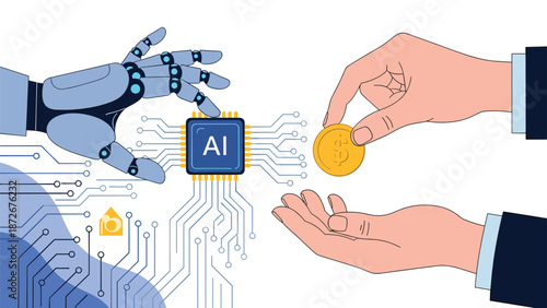 Robot hand and human hand exchanging gold coin for artificial intelligence microchip representing investment in future technology sectors.