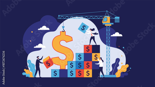 Team of workers using crane and blocks to construct large dollar sign representing wealth creation, financial building, and economic growth.