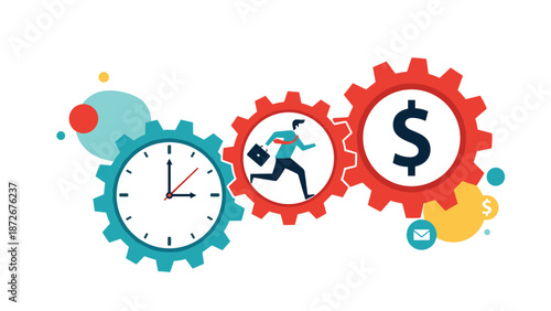 Businessman running inside large gears connected to clock and dollar sign representing time management and financial career pursuits.
