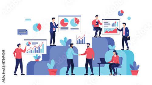 Group of professional analysts working together with various bar graphs and pie charts to develop effective business growth strategies.