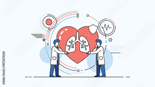 Medical specialists examining giant human heart and lungs to provide comprehensive cardiopulmonary healthcare and clinical research.