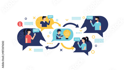 Diverse group of people using smartphones to share creative ideas within speech bubbles connected by a central glowing lightbulb.