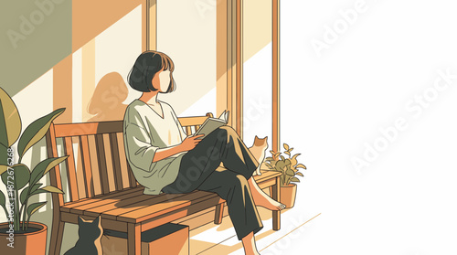 Woman relaxing on a wooden bench with a cat.