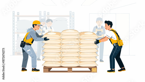 Warehouse workers moving pallets of bread loaves together.