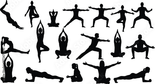 Collection of diverse silhouette figures demonstrating various yoga poses and fitness stretching exercises for physical wellness and balance training routines