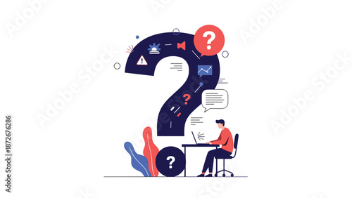 Businessman sitting at desk in front of massive question mark filled with news icons representing research and information overload.