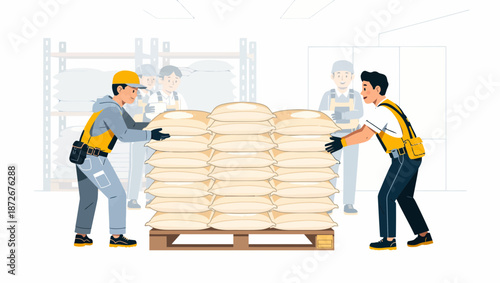 Warehouse workers moving a pallet of bread loaves together.