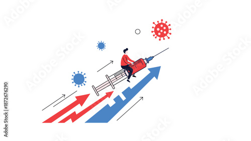 Person riding large syringe like a rocket towards virus cells representing vaccination efforts, medical immunization, and disease control.