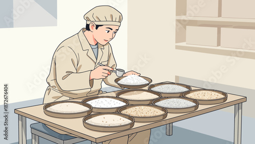 Scientist conducting an experiment with various powders in laboratory setting.