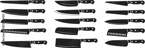 Kitchen knife silhouettes set, chef knife collection, cleaver, bread knife, utility blades, cooking tools, isolated vector icons