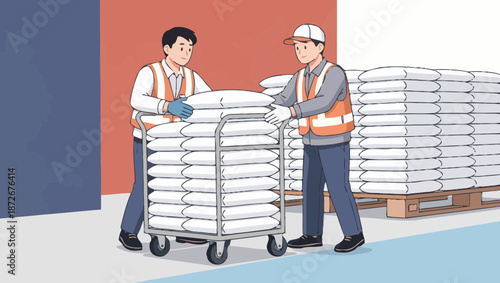 Warehouse workers handling pallets of goods on trolleys.
