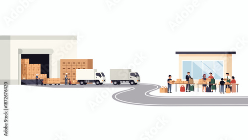 Logistics and Delivery Scene with Warehouse and People.