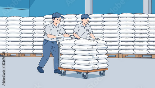 Warehouse workers transporting sacks of goods on a pallet truck.