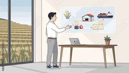 Man presenting agricultural process on whiteboard in office.