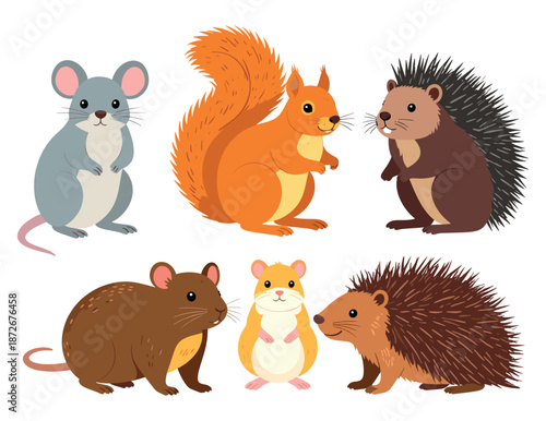 Collection of cute cartoon forest animals and rodents including squirrel, hedgehog, beaver, and mouse characters isolated on white background.