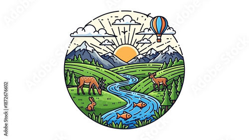 A vibrant circular illustration depicts a serene natural landscape with rolling green hills, a winding river, majestic mountains, and a hot air balloon ascending into the sky.