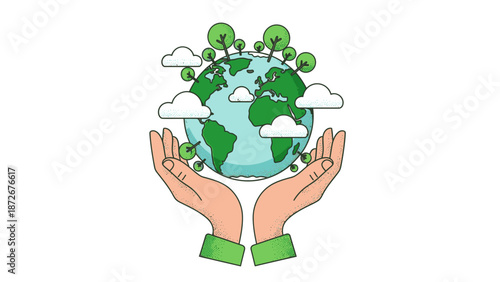 Illustration of hands gently holding the Earth, symbolizing environmental protection and care for our planet.