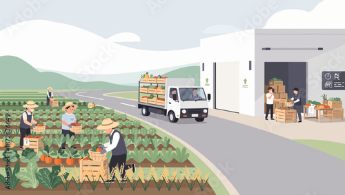 Farmers harvesting crops and loading produce into a truck for distribution.